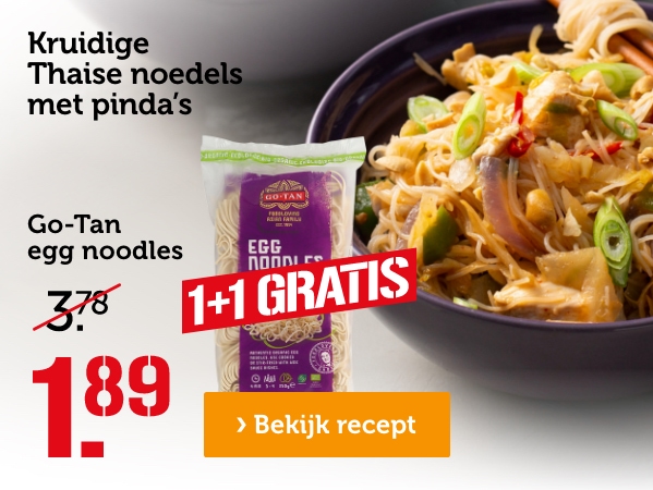 Kruidige Thaise noedels met pinda's | Go-Tan egg noodles | 1+1 GRATIS | Van 3.78 voor 1.89 | Bekijk recept 