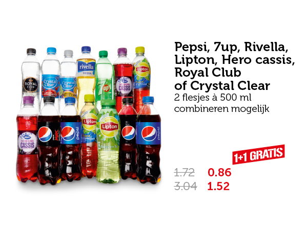 Pepsi, 7up, Rivella, Lipton, Hero cassis, Royal Club of Crystal Clear