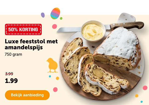 50% KORTING | Luxe feeststol met amandelspijs | 750 gram | Van 3.99 voor 1.99 | Bekijk aanbieding 