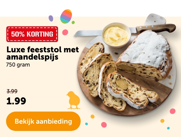50% KORTING | Luxe feeststol met amandelspijs | 750 gram | Van 3.99 voor 1.99 | Bekijk aanbieding 