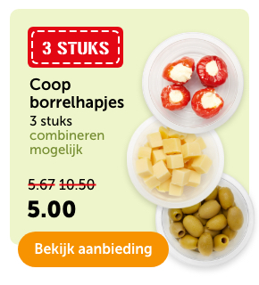 Coop borrelhapjes | 3 stuks | combineren mogelijk | Van 5.67/10.50 voor 5.- | Bekijk aanbieding