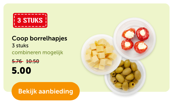 Coop borrelhapjes | 3 stuks | combineren mogelijk | Van 5.67/10.50 voor 5.- | Bekijk aanbieding