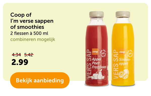 Coop of I'm verse sappen of smoothies | 2 flessen à 500 ml | combineren mogelijk | Van 4.34/5.42 voor 2.99 | Bekijk aanbieding