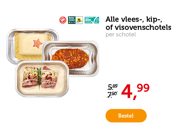 Alle vlees-, kip- of visovenschotels