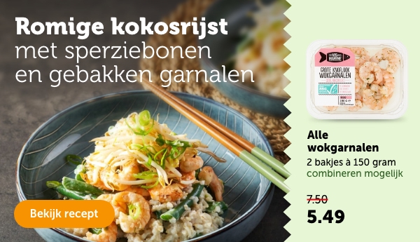 Romige kokosrijst met sperziebonen en gebakken garnalen | Bekijk recept