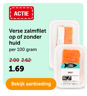 Verse zalmfilet op of zonder huid. per 100 gram. Van 2.00/2.62 voor 1.69