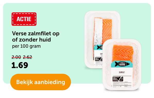 Verse zalmfilet op of zonder huid. per 100 gram. Van 2.00/2.62 voor 1.69