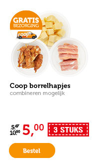 Coop borrelhapjes. 3 stuks. Combineren mogelijk. Van 5.67/10.50 voor 5.-