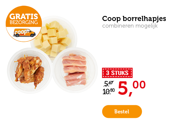 Coop borrelhapjes. 3 stuks. Combineren mogelijk. Van 5.67/10.50 voor 5.-