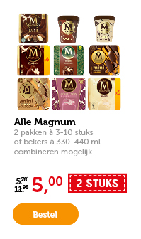 Alle Magnum. 2 pakken à 3-10 stuks of bekers à 330-440 ml. Combineren mogelijk. Van 5.78/11.98 voor 5.-