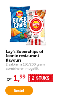 Lay's Superchips of Iconic restaurant flavours. 2 zakken à 150/200 gram. Combineren mogelijk. Van 3.18 voor 1.99
