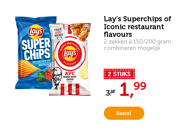 Lay's Superchips of Iconic restaurant flavours. 2 zakken à 150/200 gram. Combineren mogelijk. Van 3.18 voor 1.99
