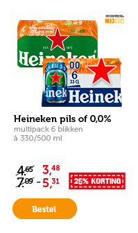 Heineken pils of 0.0%. Multipack 6 blikken à 330/500 ml. 25% KORTING