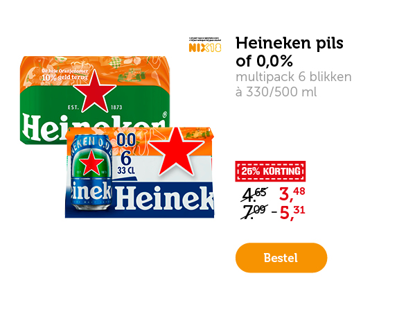 Heineken pils of 0.0%. Multipack 6 blikken à 330/500 ml. 25% KORTING