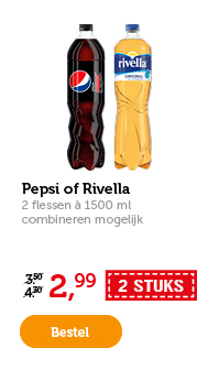 Pepsi of Rivella. 2 flessen à 1500 ml. Combineren mogelijk. Van 3.50/4.30 voor 2.99