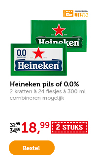Heineken pils of 0.0%. 2 kratten à 24 flesjes à 300 ml. Combineren mogelijk. Van 31.98/34.58 voor 18.99