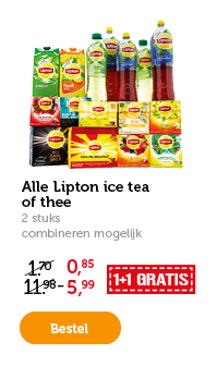 Alle Lipton ice tea of thee. 2 stuks, combineren mogelijk. 1+1 GRATIS