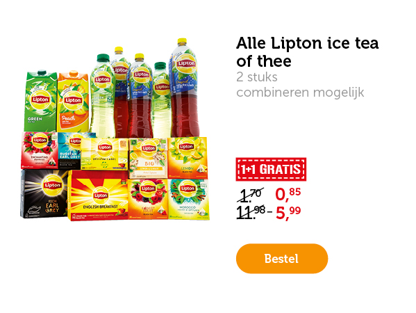 Alle Lipton ice tea of thee. 2 stuks, combineren mogelijk. 1+1 GRATIS