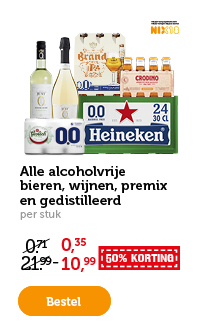 Alle alcholvrije bieren, wijnen, premix en gedistilleerd. 50% KORTING