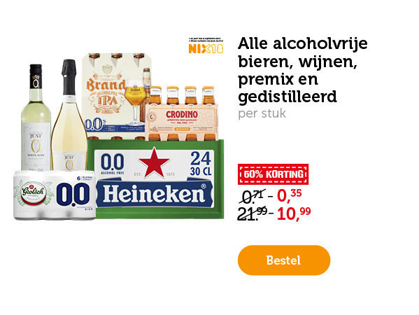 Alle alcholvrije bieren, wijnen, premix en gedistilleerd. 50% KORTING