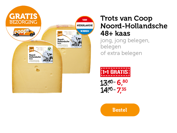 Trots van Coop Noord-Hollandsche 48+ kaas. jong, jong belegen, belegen of extra belegen. 1+1 GRATIS