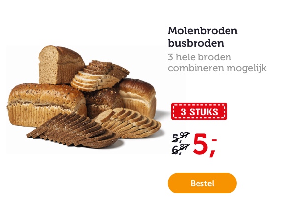 Molenbrood busbroden. 3 hele broden. Combineren mogelijk. Van 5.97/6.97 voor 5.-