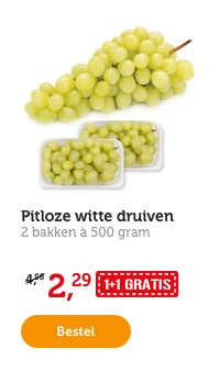 Pitloze witte druiven. 2 bakken à 500 gram. 1+1 GRATIS