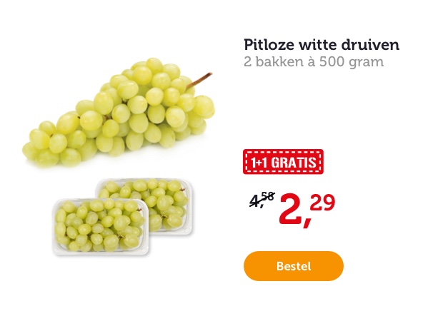 Pitloze witte druiven. 2 bakken à 500 gram. 1+1 GRATIS