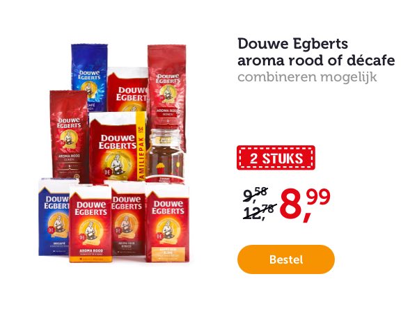 Douwe Egberts aroma rood of décafé. 2 stuks. Combineren mogelijk. Van 9.58/12.78 voor 8.99