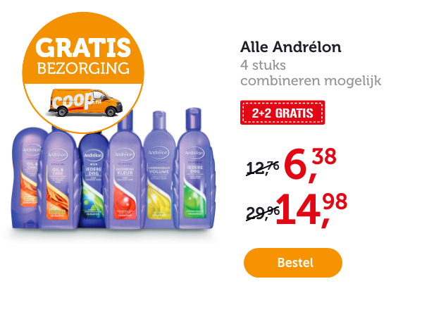 Alle Andrélon. 4 stuks. Combineren mogelijk. 2 + 2 gratis. Van 12.76/29.96 voor 6.38/14.98