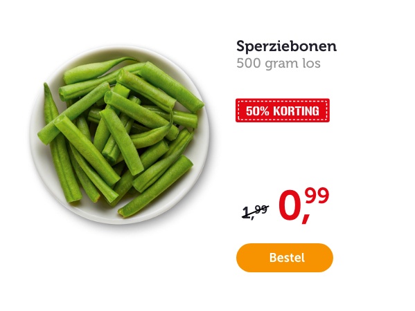 Sperziebonen. 500 gram los. 50% korting. Van 1.99 voor 0.99