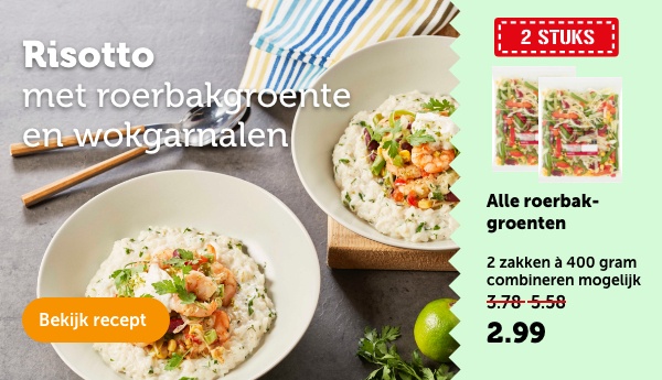 Risotto met roerbakgroente en wokgarnalen. Bekijk recept.