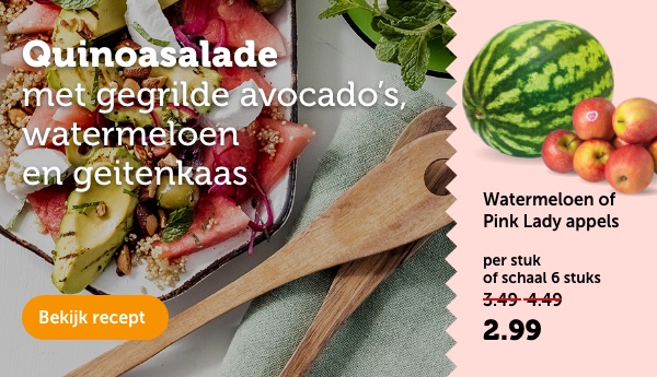 Quinoasalade met gegrilde avocado's, watermeloen en geitenkaas | Bekijk recept