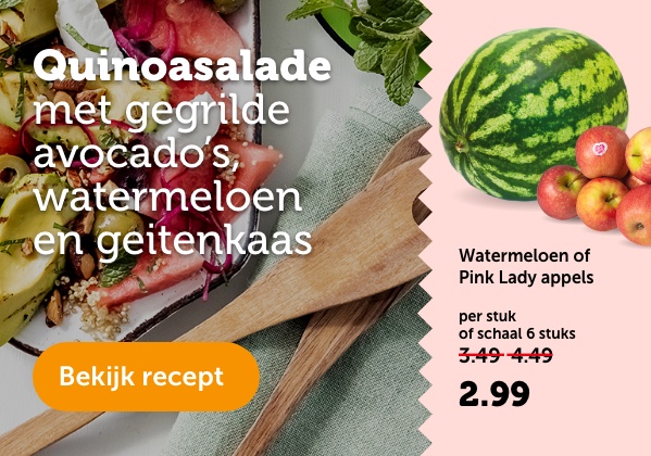 Quinoasalade met gegrilde avocado's, watermeloen en geitenkaas | Bekijk recept