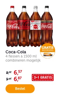 Coca-Cola. 4 flessen à 1500 ml. Combineren mogelijk. 3+1 GRATIS.