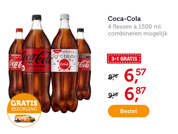 Coca-Cola. 4 flessen à 1500 ml. Combineren mogelijk. 3+1 GRATIS.