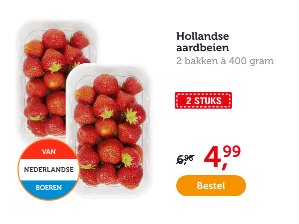 Hollandse aardbeien. 2 bakken à 400 gram. Van 6.98 voor 4.99