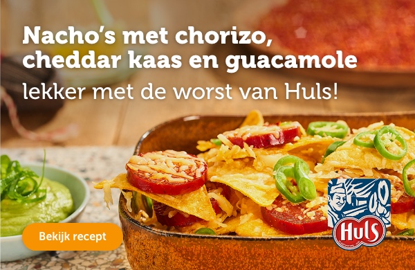 Nacho's met chorizo, cheddar kaas en guacamole: lekker met de worst van Huls! Bekijk recept