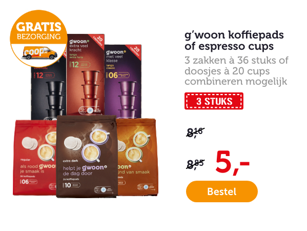 g'woon koffiepads of espresso cups. 3 zakken à 36 stuks of doosjes à 20 cups. Combineren mogelijk. Van 8.16/8.85 voor 5.-