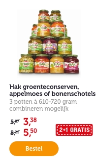 Hak groenteconserven, appelmoes of bonenschotels. 3 potten à 610-720 gram. combineren mogelijk. Van 5,07/8,25 voor 3,35/5,50