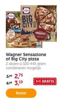 Wagner Sensazione of Big City pizza. 2 dozen à 320-445 gram. Combineren mogelijk. 1+1 GRATIS