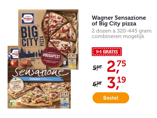 Wagner Sensazione of Big City pizza. 2 dozen à 320-445 gram. Combineren mogelijk. 1+1 GRATIS