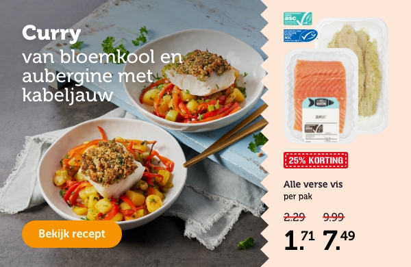 Curry van bloemkool en aubergine met kabeljauw. Bekijk recept.