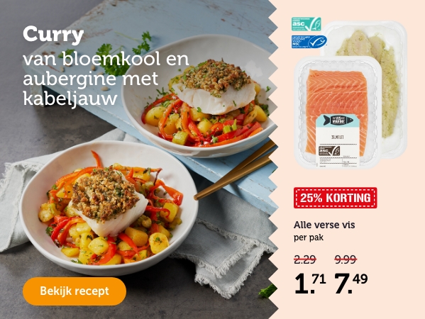 Curry van bloemkool en aubergine met kabeljauw. Bekijk recept.