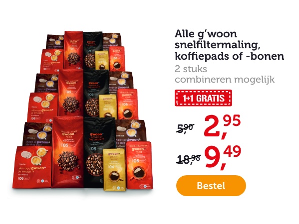 Alle g'woon snelfiltermaling, koffiepads of -bonen. 2 stuks. Combineren mogelijk. 1+1 GRATIS