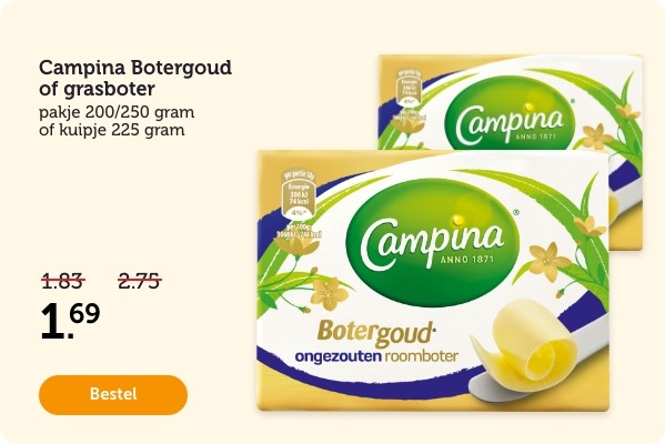 Campina Botergoud of grasboter. Pakje 200/250 gram of kuipje 225 gram. Van 1.83/2.75 voor 1.69