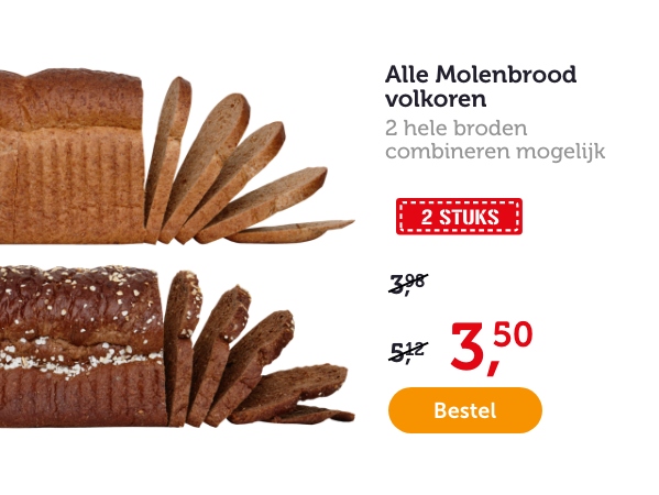 Alle Molenbrood volkoren. Combineren mogelijk. 2 STUKS