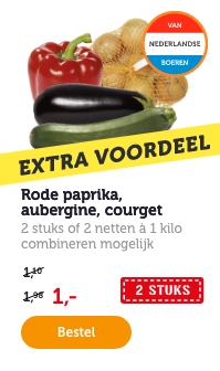 Rode paprika, aubergine, courget. | 2 stuks of 2 netten à 1 kilo, combineren mogelijk.