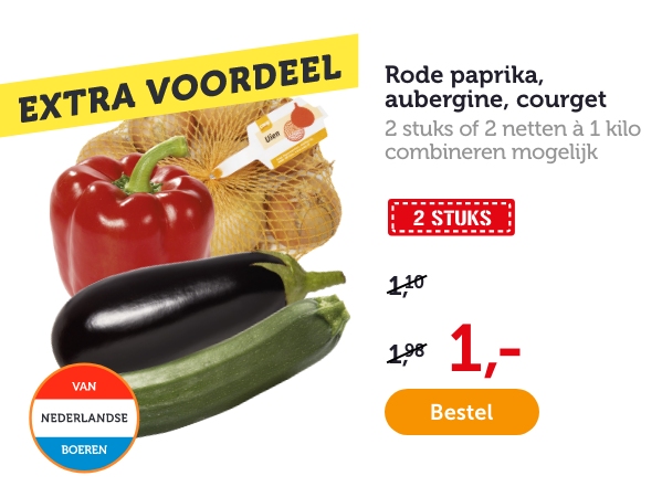 Rode paprika, aubergine, courget. | 2 stuks of 2 netten à 1 kilo, combineren mogelijk.