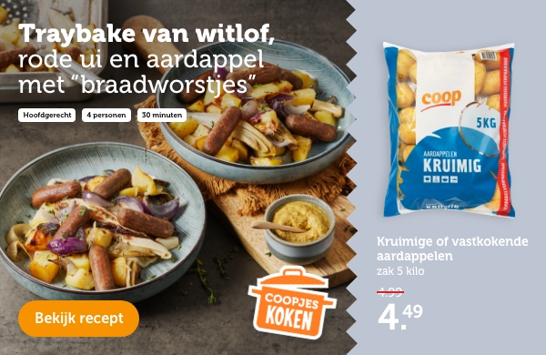 Traybake van witlof, rode ui en aardappel met 'braadworstjes' | Kruimige of vastkokende aardappelen. Zak 5 kilo. Van 4.99 voor 4.49